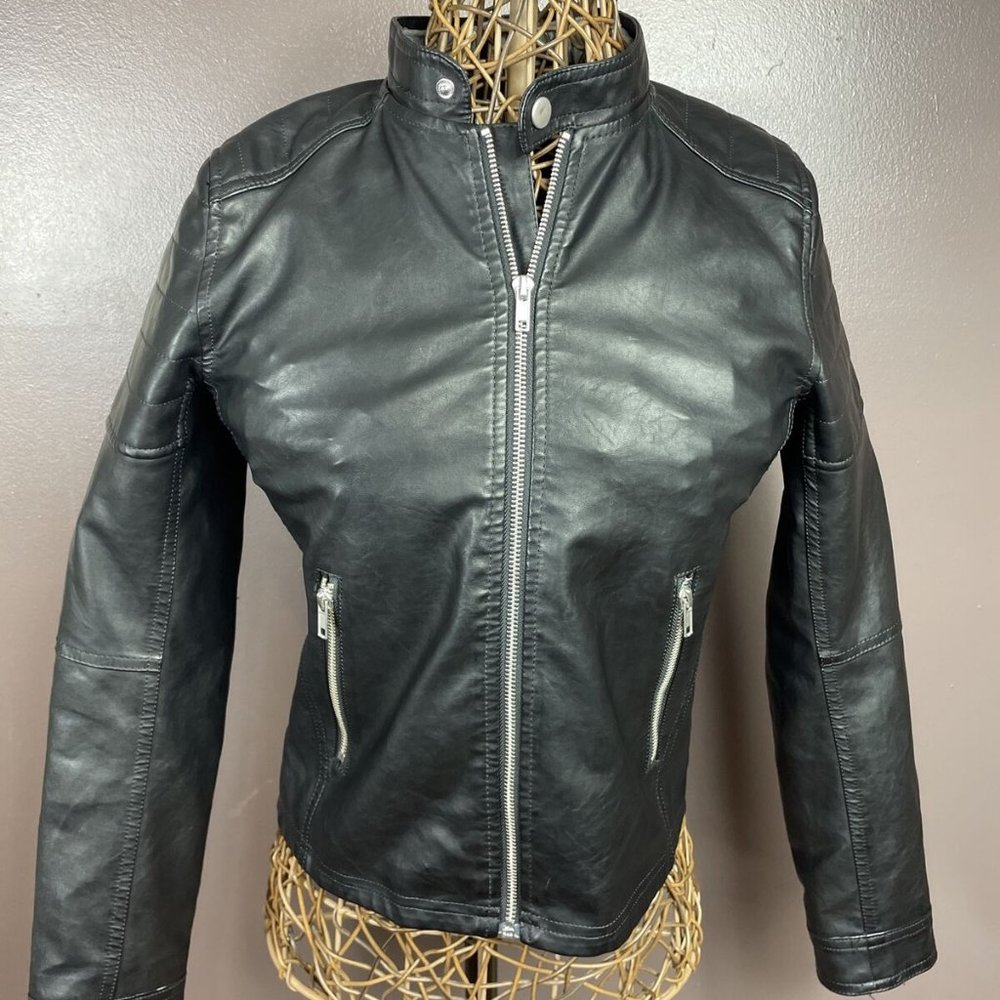H & M Black Faux Leather Motto Jacket Womens Small
